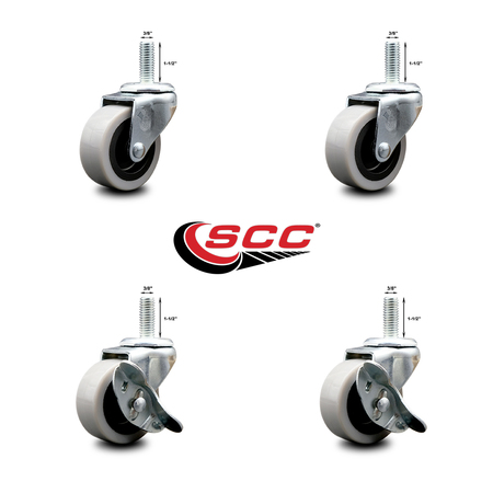 SERVICE CASTER 2 Inch Thermoplastic Wheel 3/8 Inch Threaded Stem Caster Set with 2 Brakes SCC SCC-TS05S210-TPRS-381615-2-SLB-2